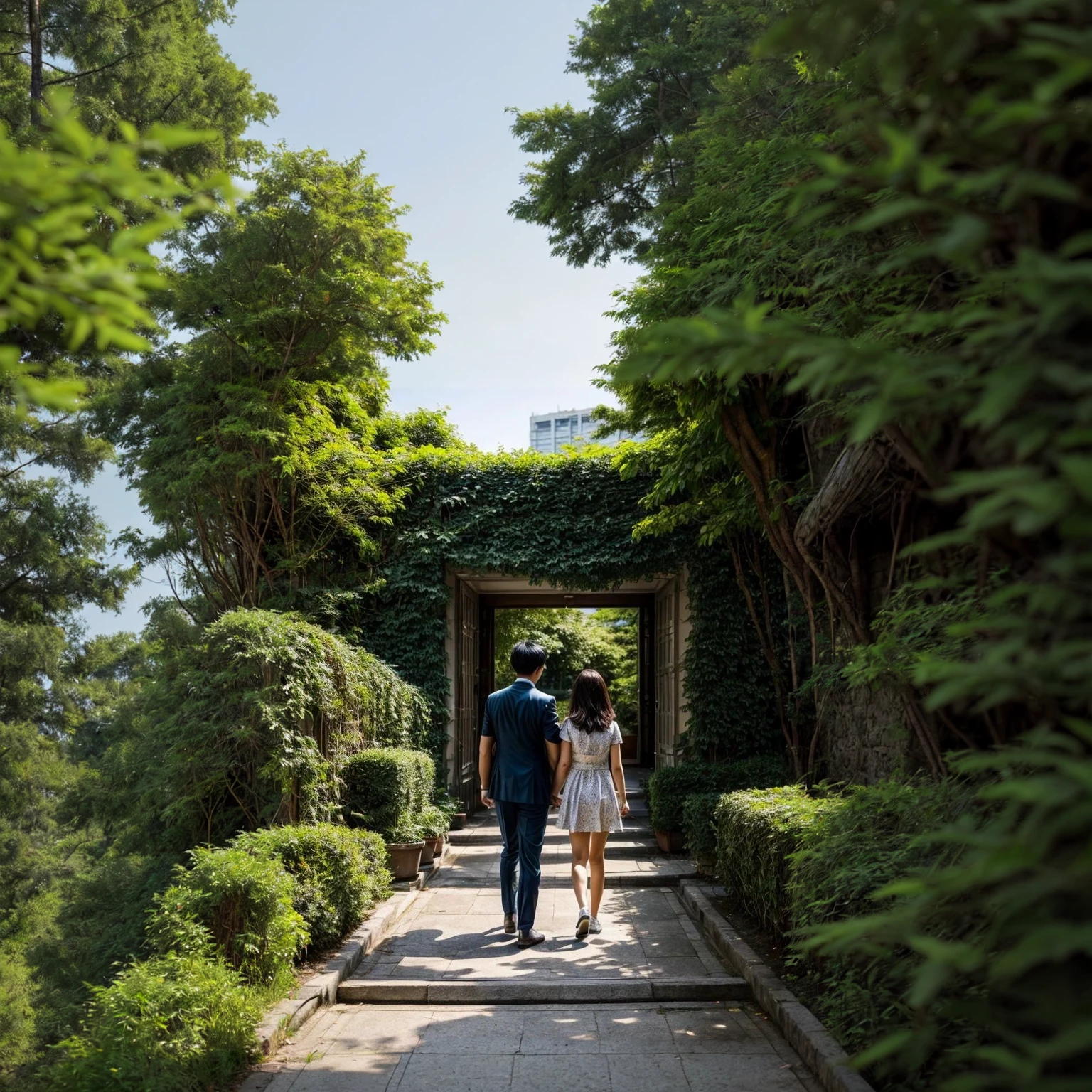 A photo of a Flower garden,water falls, photo taken from far away,high resolution, great quality and details, colourful flowers,good sun light, peacefull looking place, heavenly feel,a Indian couple walking hand in hand in a path in the garden, best quality, high resolution, good quality and ultra detail