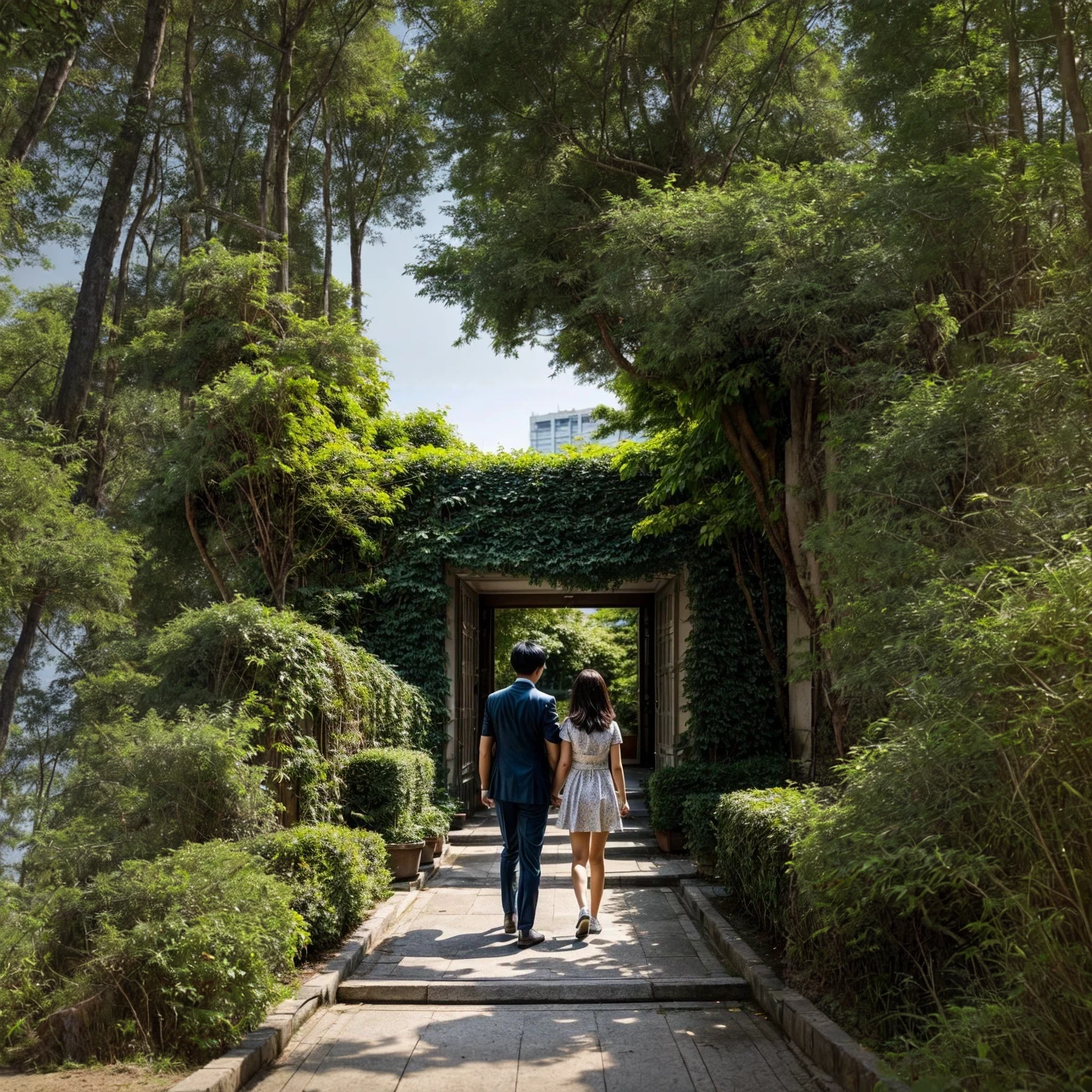 There are tall trees an nature far away on the distance