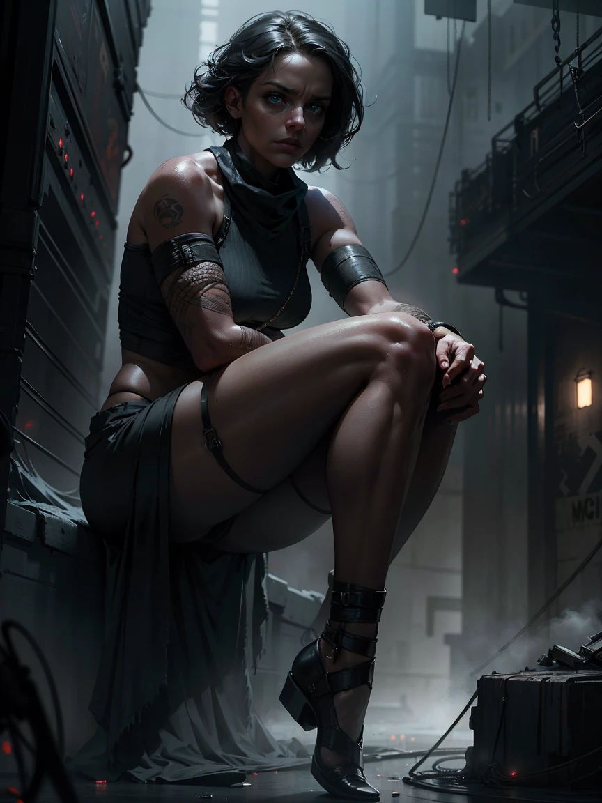 a young woman, ropes coiled around her wrists and ankles, intense expression, dramatic lighting, dystopian atmosphere, moody colors, cinematic composition, highly detailed, realistic, photorealistic, hyper detailed, 8k, best quality, masterpiece