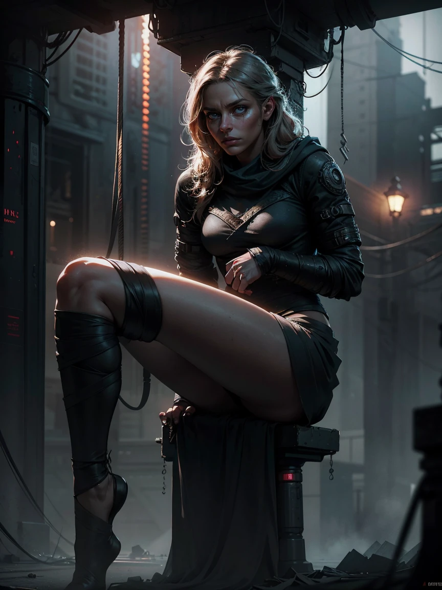 a young woman, ropes coiled around her wrists and ankles, intense expression, dramatic lighting, dystopian atmosphere, moody colors, cinematic composition, highly detailed, realistic, photorealistic, hyper detailed, 8k, best quality, masterpiece