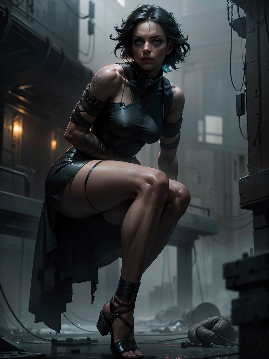a young woman, ropes coiled around her wrists and ankles, intense expression, dramatic lighting, dystopian atmosphere, moody colors, cinematic composition, highly detailed, realistic, photorealistic, hyper detailed, 8k, best quality, masterpiece