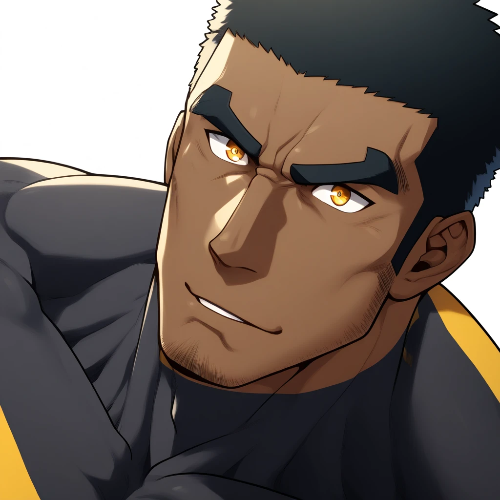 negro, negro, negro, anime characters：Gyee, Muscle Sports Student, negro black skin, 1 muscular tough guy, Manliness, male focus, Dark  Yellow long sleeve tights, Very tight, Round and full chest muscles, Slightly transparent, muscular male, muscular, only, Upper body, alone, Black short hair, Thick eyebrows, stubble, Yellow eyes, White background, simple background, amazing quality, best aesthetics, Ridiculous, bright pupils, crew cut, parted lips, seductive smile, torogao, naughty face, best quality