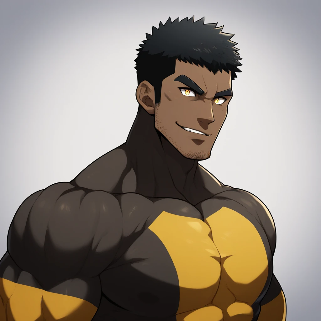 negro, negro, negro, anime characters:Gyee, Muscle Sports Student, negro black skin, 1 muscular tough guy, Manliness, male focus, Dark Yellow long sleeve tights, Very tight, Round and full chest muscles, Slightly transparent, muscular male, muscular, only, Upper body, alone, Black short hair, Thick eyebrows, stubble, Yellow eyes, White background, simple background, amazing quality, best aesthetics, Ridiculous, bright pupils, crew cut, parted lips, seductive smile, torogao, naughty face, best quality