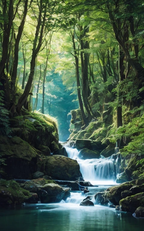 Surreal illustrations , 日本の田園landscapeを超リアルなスタイルで表現,Highly detailed and magical lighting, Intricate forest details, Surrounding vegetation and river, Solarpunk ,landscape, Giant Tree, Beautiful leaves with beautiful lighting and realistic proportions, Like a movie background, 8K, Highest quality, masterpiece, 空のcloudと星.baptism,baptism,Garden of Eden,colorful,夢のようなlandscape, cloud, light piercing through the cloud, Water surface reflection, Gentle waterfall,flower々, flower ,Quiet atmosphere, Richness in details, Surreal beauty, Magical Aura, ファンタジーlandscape, High quality digital art, Vibrant colors, Great lighting, Enchanting atmosphere, Artistic Expression, Feeling like I&#39;m from another world, Beautiful brushwork, Nice views, Peaceful tranquility, Immersive Experience, Breathtaking views, Picturesque views, Mysterious charm, Mysterious atmosphere, nuance, Magical dreams. There are no people, There is no one here,16:9
