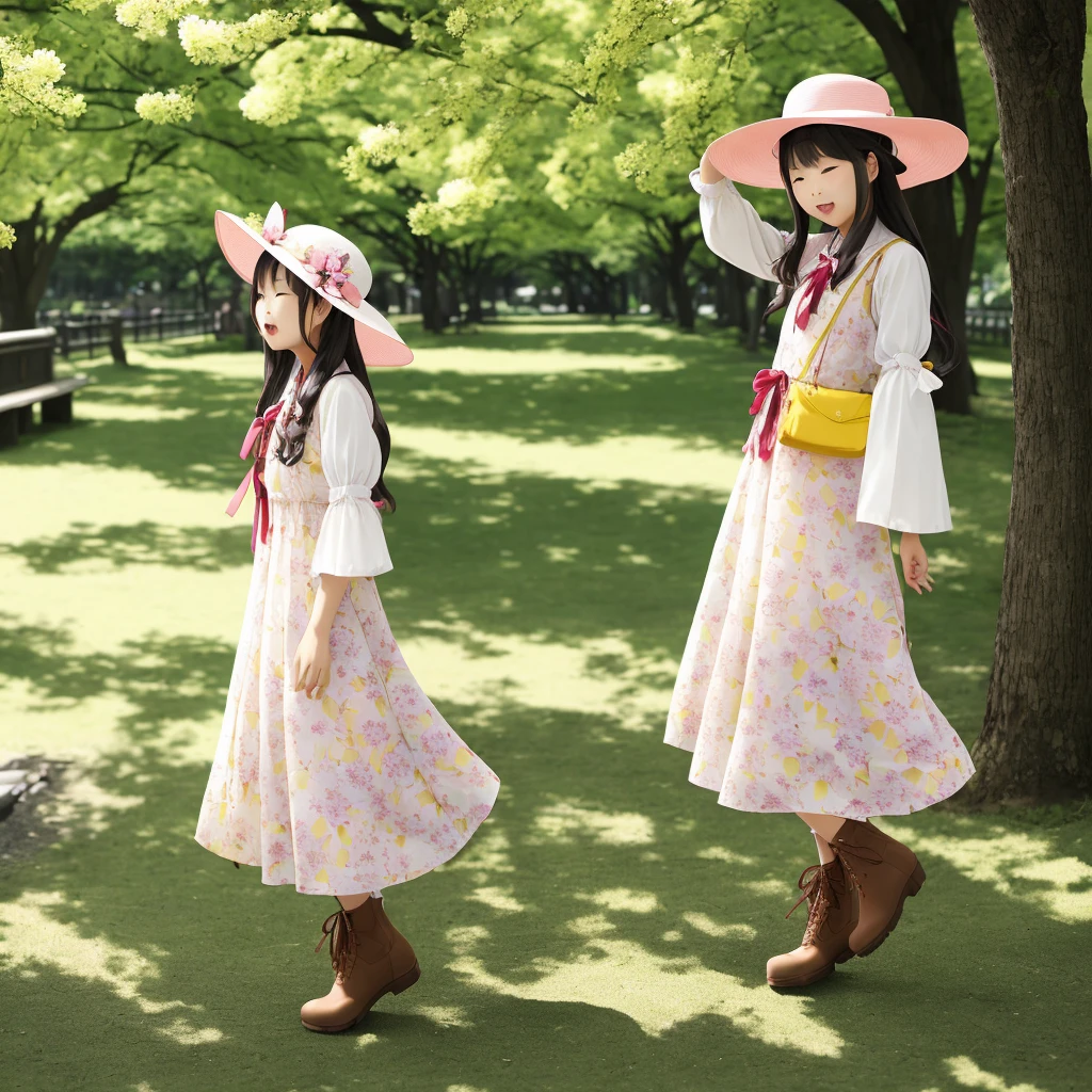 1 girl、ブルーribbon、Floral、hat、the wind is strong, だから私はhatをかぶっています、Yawning face、Long dresses、Hair length、Brown haired、ribbon、No sleeve、麦わらhat、Look up、Yellow Eyes、City Park、butterfly々flying、Cute pose、I'm wearing cute boots