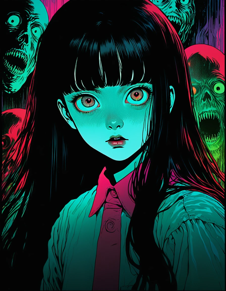 illust、art、from 80s horror movie, directed by Junji Ito、A horrible ghost、high detail, realsitic shadow、Analog style, vhs style, 8mm film, chromatic aberration, Dvd screengrab、Complementary color gradient