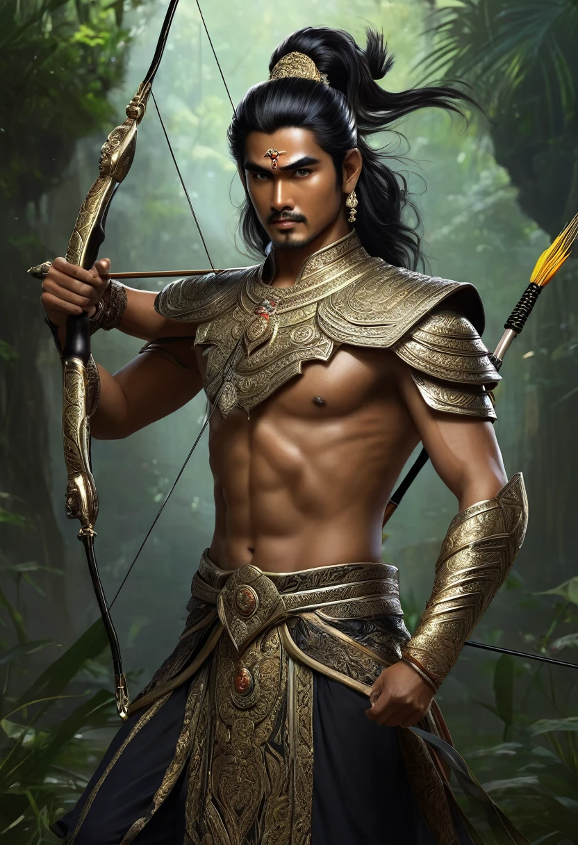 Arjuna in Mahabarata, holding a bow and arrow, Javanese princess, majapahit warrior, long wavy black hair, hair tied up, wide eyes looking sharp and firm, very handsome face, bare chested, wearing ancient Javanese knight jawelry, realistic, background black, fantasy, intricate, elegant, highly detailed, digital painting, art station, concept art, 4k, complete body