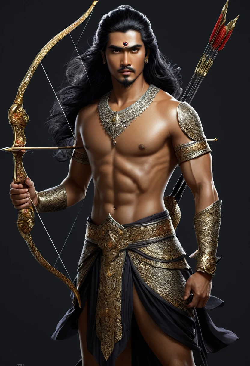 Arjuna in Mahabarata, holding a bow and arrow, Javanese princess, majapahit warrior, long wavy black hair, hair tied up, wide eyes looking sharp and firm, very handsome face, bare chested, wearing ancient Javanese knight jawelry, realistic, background black, fantasy, intricate, elegant, highly detailed, digital painting, art station, concept art, 4k, complete body