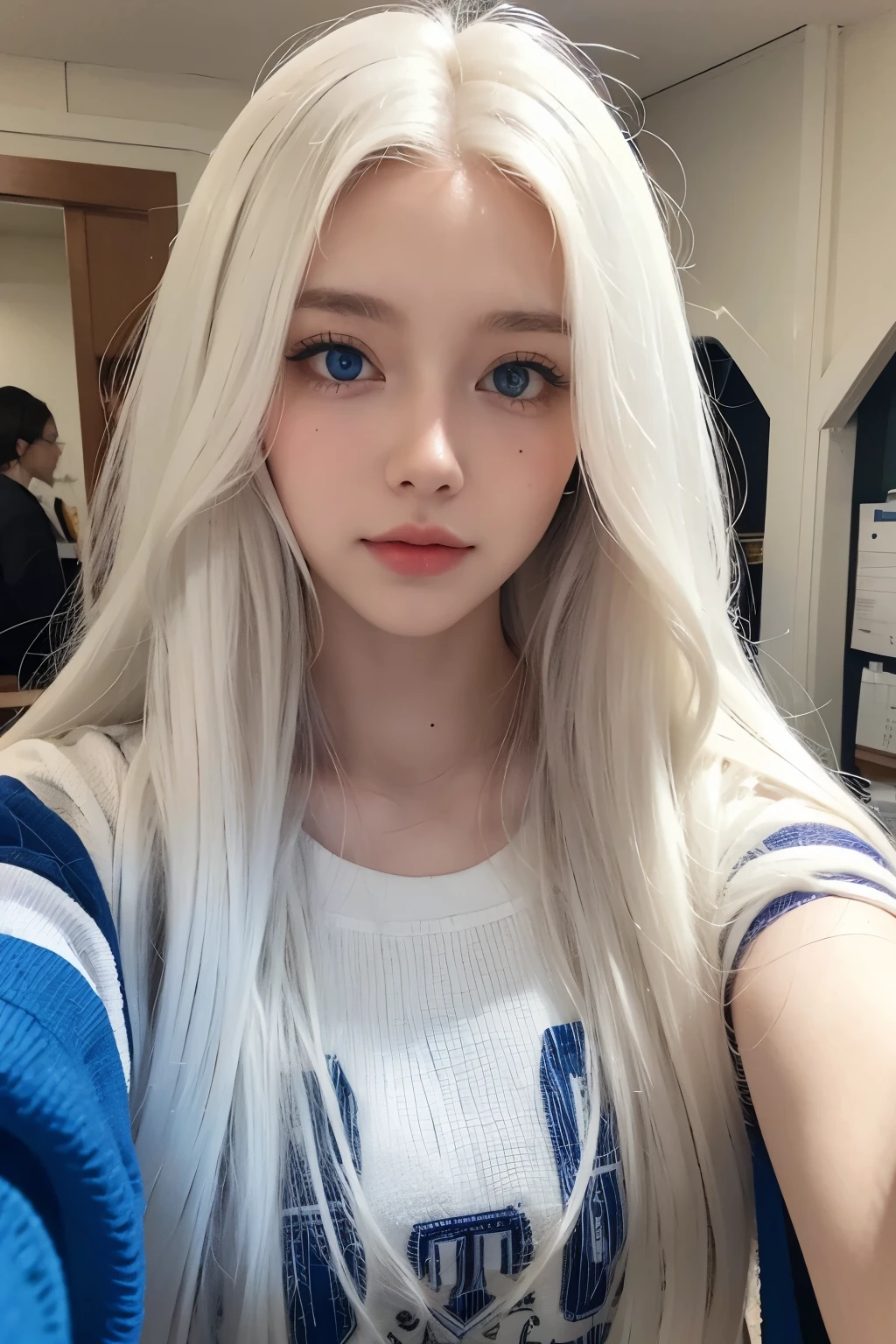 Woman, White long, curly hair,Natural hair. white hair. Blue eyes. student. University. Selfie.