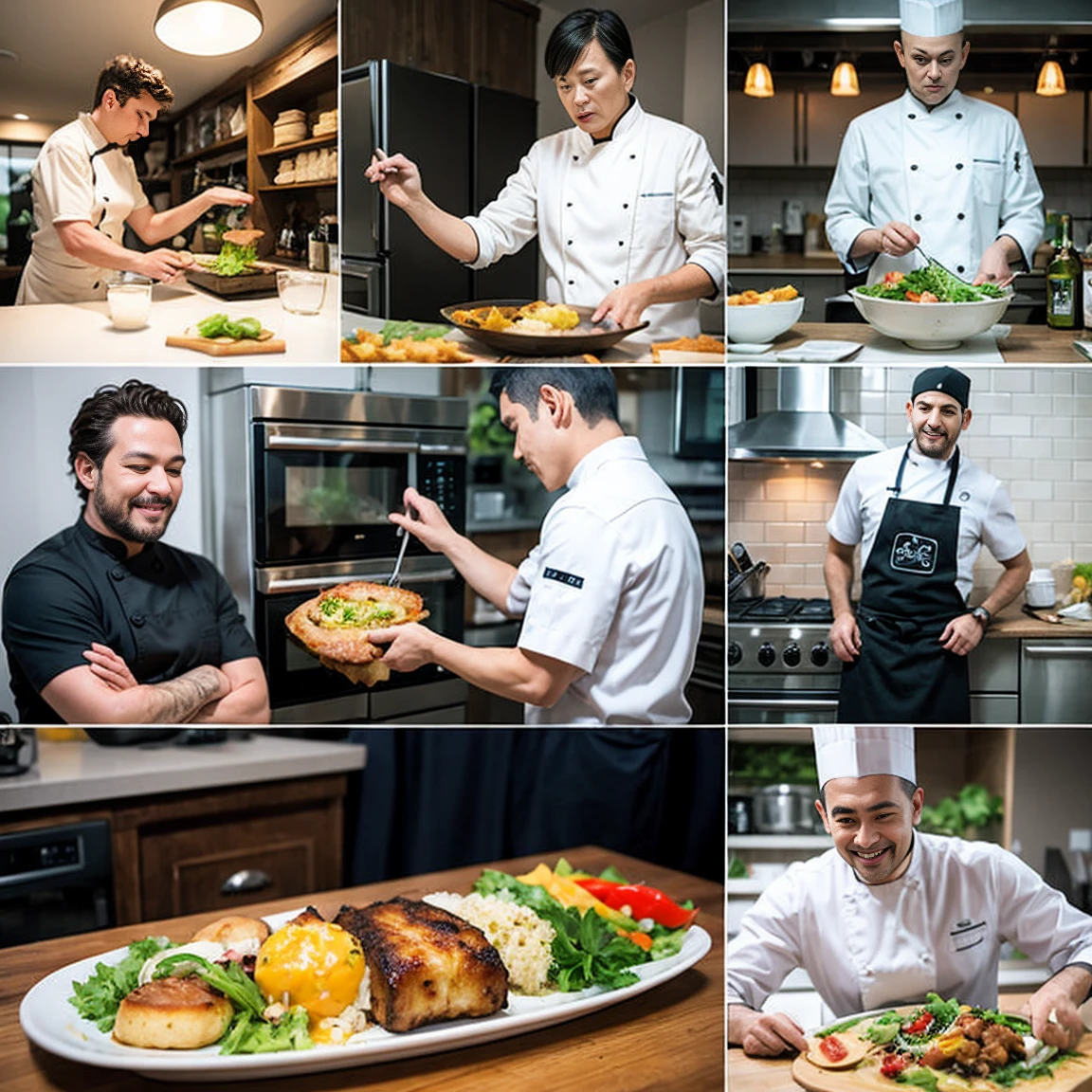 Generates an image of several chefs in the kitchen showing their recipes and various dishes