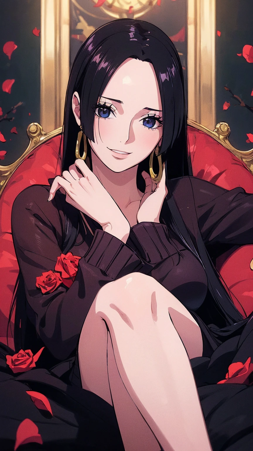 best quality, masterpiece, highly detailed,1girl, ((rose)), (vine), cage, bandage, red rope, (detail light), falling rose petals, Boa Hancock,, (masterpiece:1.5), Detailed Photo, Smiling,(8K, Photorealistic, Best Quality: 1.4), (1girl), Beautiful Face, (anime realistic Face), (Black Hair, long Hair: 1.3), Beautiful Hairstyle, Realistic eyes, beautiful detail eyes, (realistic skin), beautiful skin, (sweater), absurd, attractive, ultra high resolution, ultra realistic, high definition, golden ratio,