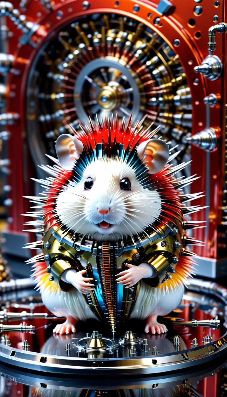 There is no one, Reality Photos, Reality Photos, Realistic photo of a hamster-like creature, spikes, multi-colored shiny fur, strange and, Surreal and, the other world, A robotic factory with a shiny assembly plant, intricate details, very sharp, Sophisticated details, Flawless composition, vivid colors, masterpiece, futuristic, metal decoration, The shiny red interior is empty., polished, ray tracing