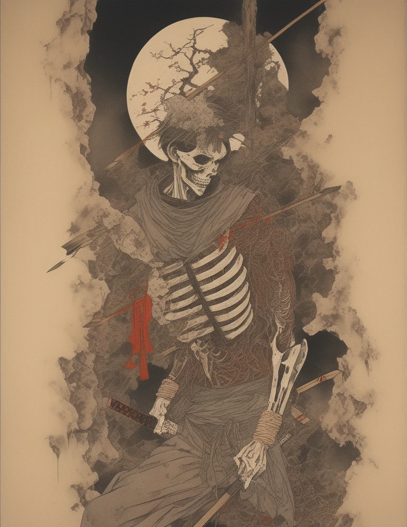 japanese line art , a samurai( tied up to a wooden steak with several arrows stuck in him,:1.2) lower body missing visible skeletal structure , ripped rags, rope and bloody ground, black skies and large moon , floral damask background , in the style of takato yamamoto ,