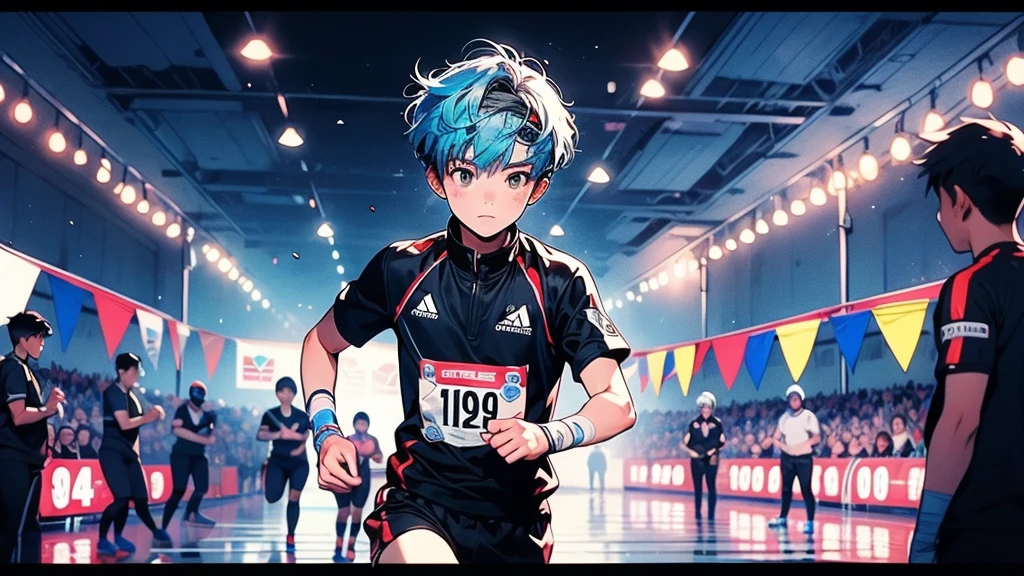1boy,Highest quality、Masterpiece、Official Art、The best dynamic composition、Light blue hair color、The boy is 12 years old and is the last runner in the relay.、The moment the tape crosses the finish line、sports meeting、Black jersey、Headband、Cowboy Shot、