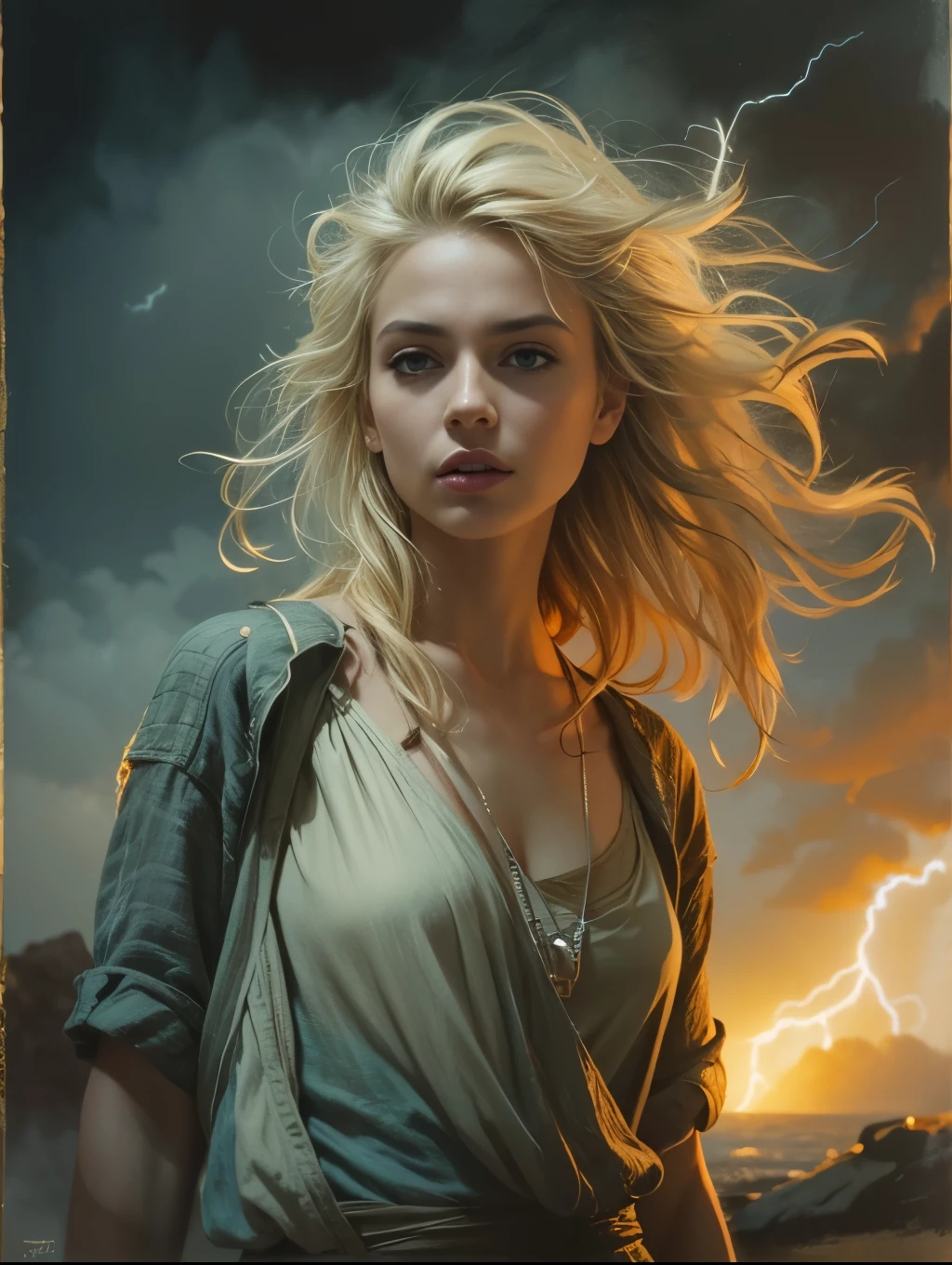 (masterpiece), cartoon, best quality，(photo_(medium):1.0), by Antonio J. Manzanedo, by Jeremy Lipking, lightning, in a surreal landscape, painting style with watercolor, Brushstrokes, black  eyes,colorful，vibrant colors,1 ultra hot gorgeous European woman. Blonde hair. Casual clothes.