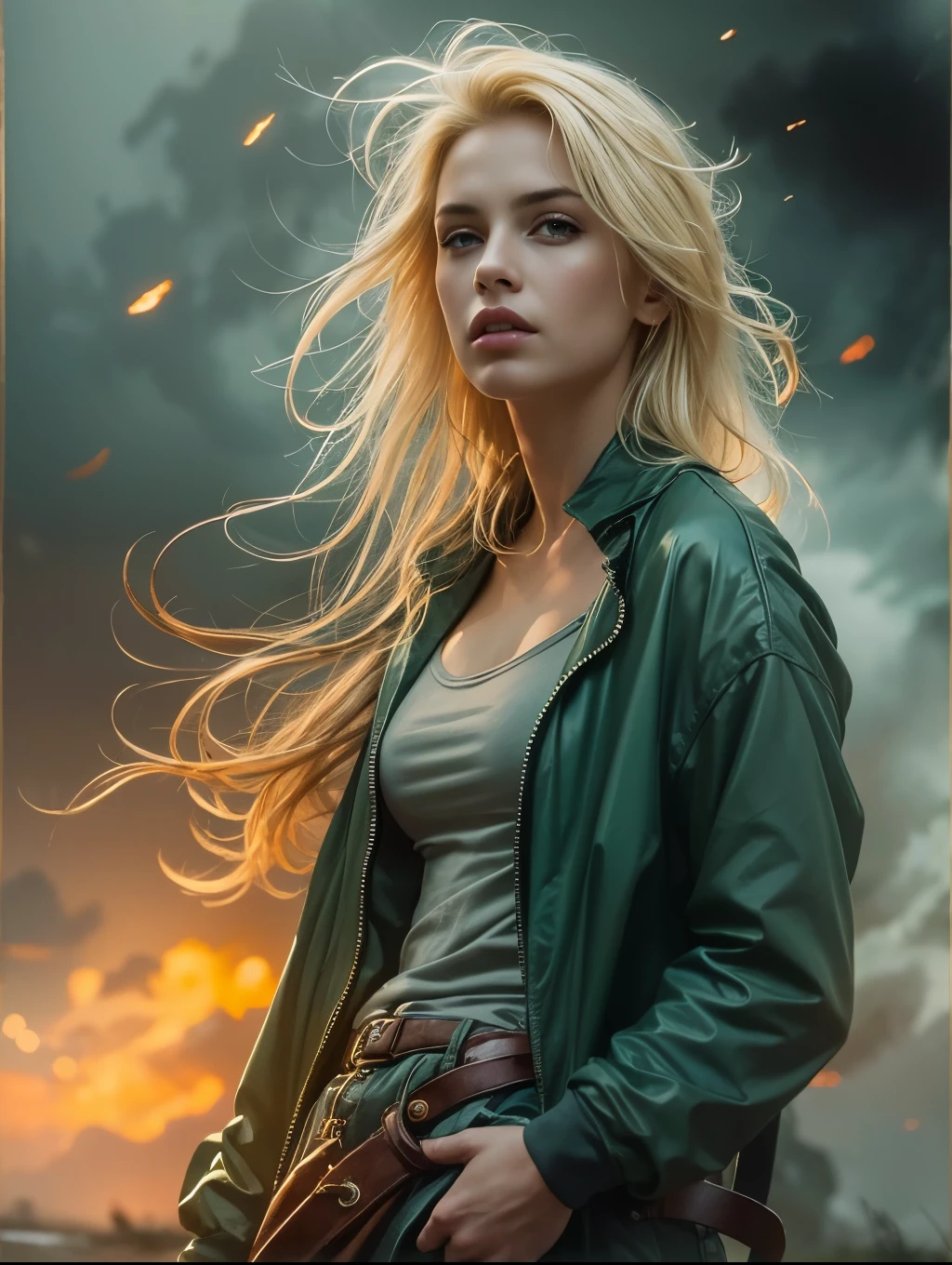 (masterpiece), cartoon, best quality，(photo_(medium):1.0), by Antonio J. Manzanedo, by Jeremy Lipking, lightning, in a surreal landscape, painting style with watercolor, Brushstrokes, black  eyes,colorful，vibrant colors,1 ultra hot gorgeous European woman. Blonde hair. Casual clothes.