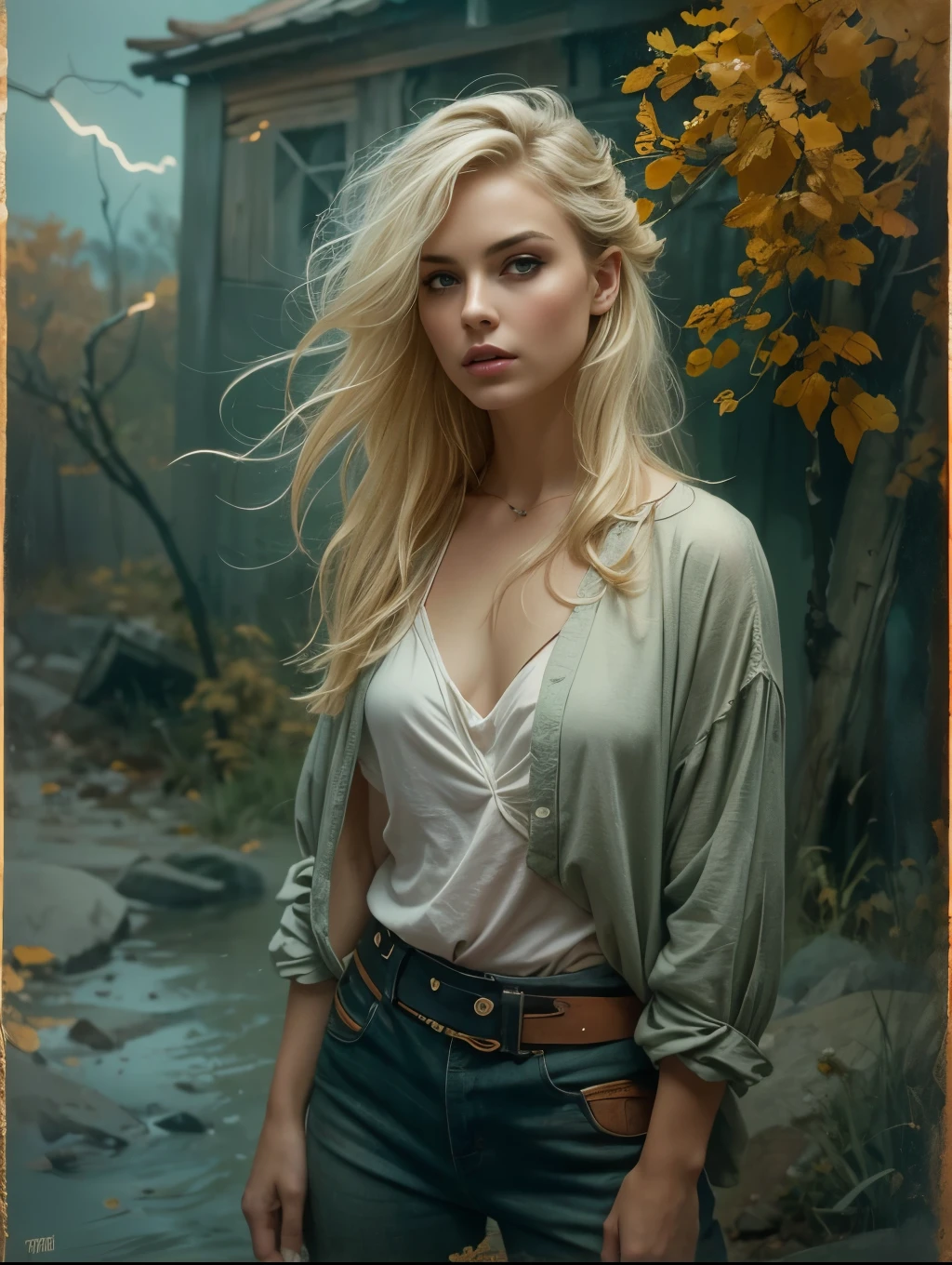 (masterpiece), cartoon, best quality，(photo_(medium):1.0), by Antonio J. Manzanedo, by Jeremy Lipking, lightning, in a surreal landscape, painting style with watercolor, Brushstrokes, black  eyes,colorful，vibrant colors,1 ultra hot gorgeous European woman. Blonde hair. Casual clothes.