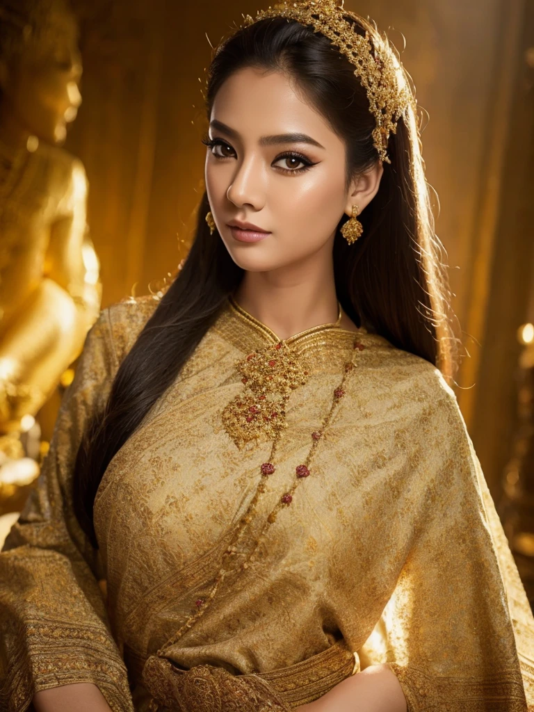 (masterpiece, best quality:1.2), 1girl, solo, thai girl, thai dress, dress, big breasts, beautiful detailed eyes, beautiful detailed lips, extremely detailed face and eyes, long eyelashes, flowing hair, intricate clothing details, photorealistic, 8k, natural lighting, warm color tones, fantasy art, cinematic lighting