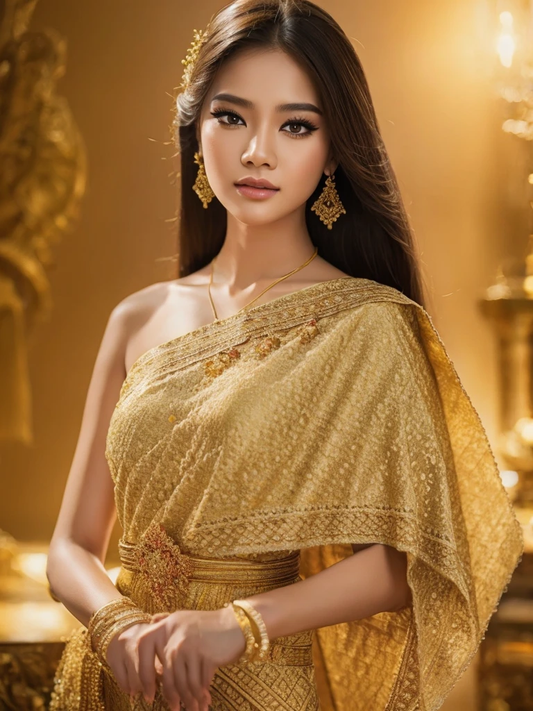 (masterpiece, best quality:1.2), 1girl, solo, thai girl, thai dress, dress, big breasts, beautiful detailed eyes, beautiful detailed lips, extremely detailed face and eyes, long eyelashes, flowing hair, intricate clothing details, photorealistic, 8k, natural lighting, warm color tones, fantasy art, cinematic lighting