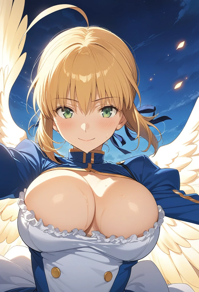 best quality, amazing quality, very aesthetic, 1girl, saber, fate/stay night, 1girl, saber, fate/stay night, , (artist official art:1.5), ahoge_hair, green eyes, steaming body, trembling, large breasts, jitome, cinematic light, official_dress, big_angel_wings, flying, on sky, happy, smile, blush, night, looking_at_viewer, oily_skin, cool