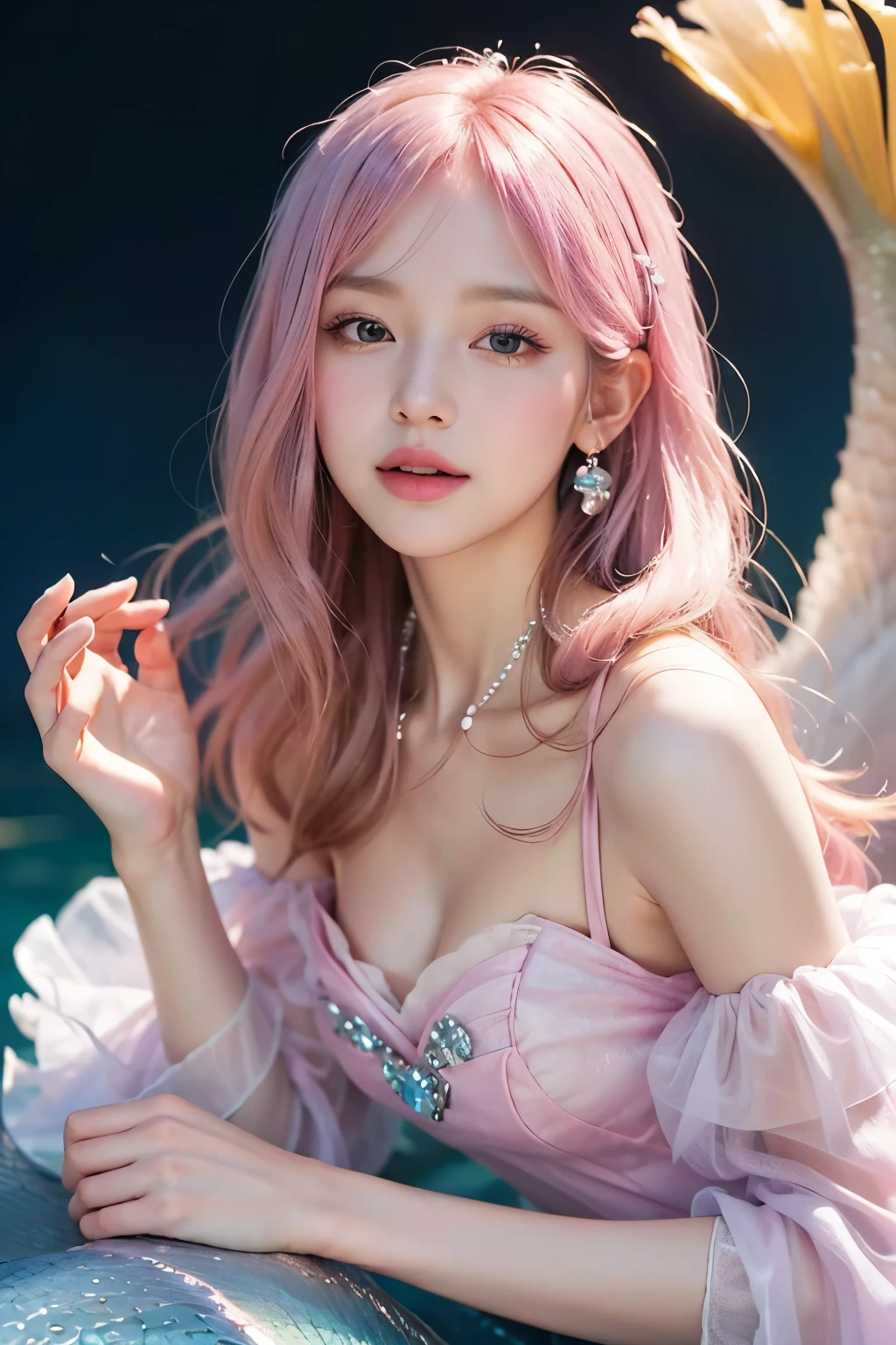 (8K, super high quality, masterpiece: 1.2), (super realistic, photorealistic: 1.37), super detail, one girl), (highly detailed), (beautifully detailed eyes), (of the highest quality), (super detailed), (masterpiece), (detailed face), 20-year-old, one girl), (pink hair, long hair), medium breasts, clothed), perfect lighting, BREAK (upper body to thighs: 1.2), (long pink hair: 1.2), (flowing hair: 1.1), (elegant fantasy style: 1.1), (gentle smile: 1.2), (face slightly turned: 1.1), (right foot forward: 1.1), (holding the dress gracefully: 1.1), (graceful swan in the background: 1.4), (dreamy lighting: 1.2), BREAK), (mermaid silhouette dress: 1.5), (Cinderella-esque: 1.5), (fairytale, fantasy: 1.3), (mystic purple: 1.2), (adorable pale pink: 1.2), (pure white: 1.2), (luxurious fur shawl: 1.2), (comfortable corset: 1.1), (fluffy puff sleeves: 1.3), (delicate organza blouse: 1.2), (multi-layered tulle skirt: 1.3), (captivating gradient colors: 1.2), (gorgeous lace decoration: 1.2), (ribbons and satin accents: 1.2), (delicate beading: 1.1), (storybook glass slippers: 1.2), (shining tiara: 1.2), (star and moon motifs add fantasy: 1.2), (magical, dream world: 1.1)