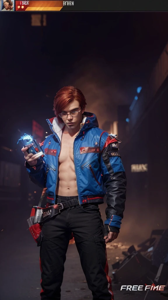 Create a high-resolution image of a male character in a video game style similar to Free Fire. The character must have the following characteristics and clothing details:Hair and Face:Deep red hair, messy hairstyle.Wear round black frame glasses.Serious and focused face.Upper Clothing:Blue jacket with red and turquoise details.The jacket has a futuristic design, with sharp spikes and edges that emanate a bright reddish energy.The jacket is open, showing the character's naked torso, which must be well defined.Lower Clothing:Black tight pants with blue and red details.The pants have a modern design, with geometric lines and patterns in blue and red.Footwear:Futuristic sneakers in blue and red with shiny turquoise soles.accessories:The jacket has shoulder pads with red spikes and turquoise lights.Mittens or gloves of the same futuristic design as the jacket.pose:The character must be in a dynamic pose, with one leg slightly forward as if about to take a firm step.One arm should be extended forward, with his hand open as if he were wielding an invisible energy.The other arm should be bent, with your hand close to your hip.The facial expression should be one of determination, looking towards the horizon.bottom:The background must be a futuristic urban environment, with neon lights and pronounced shadows, creating a night and technological atmosphere.Text:Includes the logo "Free Fire" In the lower right corner.Art Style:Realistic style with accurate details in the character's clothing and posture.Use of vibrant colors and lighting effects to highlight the futuristic details of the clothing.