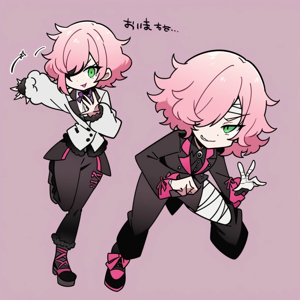 (masterpiece), best quality, expressive eyes, perfect face, ((lace)), (bandages over one eye), (1girl), (dynamic pose), (smirk), (full body), ((flirting with viewer)), (black highlights in hair), ((tailor)), (pink hair), (side swept bangs), (fluffy hair), (short hair), (Visual kei fashion), (flared pants), (bandages on right leg), (green eyes),