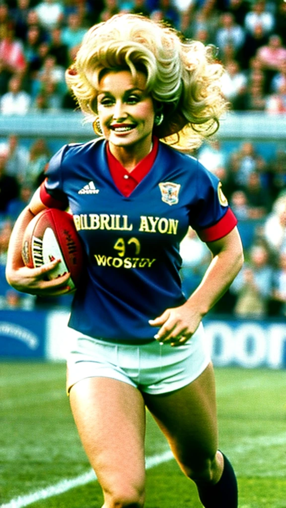 dolly parton playing rugby union running with the football