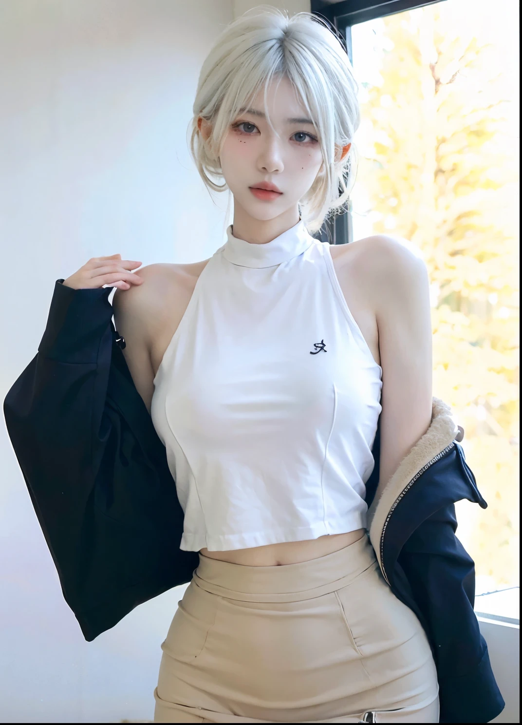 Beautiful woman with perfect figure:1.4，2 girls，Ultra-high resolution，White background，（Realism:1.4)，Layered hairstyle，White skin，JK:1.5，Super short pleated skirt，whole body：1.4，Very delicate and skin texture，Double eyelids，Skin Whitening，Long hair，White hair
