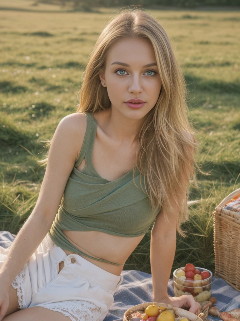 1girl, photorealistic, (((ugly face:1.5))), (((photorealistic))), (((raw photo in sequence))), (((natural lights))), (((detailed no blur background))), (((26 to 35 years old))), (((upper body and upper legs, happy))), (((detailed face))), photo_(medium), realistic, (((Caucasian woman))), (((long white blonde hair))), (((Caucasian nose))), (((Caucasian green eyes))), (((Caucasian face))), (((Caucasian lips))), (((sexy body))), ((( wearing ripped tank tops and shorts ))), different pose, posing, (((different pose))), (((grassland))), hair is dragging by wind, candid shot, (((picnic setting)))