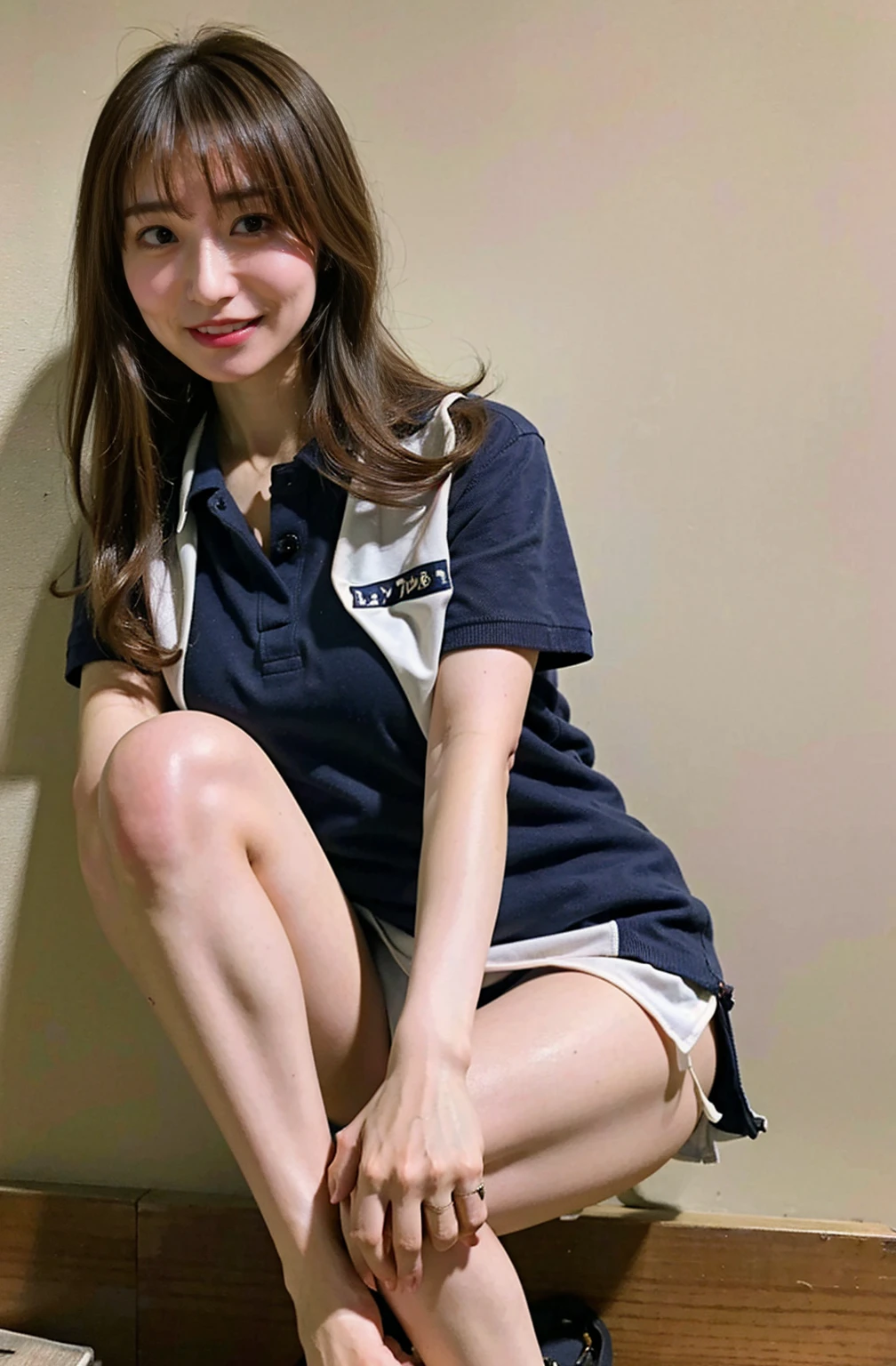((A photo of her panties showing through a short polo shirt、Hands roll up shirt、She is wearing a navy polo shirt and luxurious white panties.、:1.4))、Being in the living room、Length cream hair color、Her huge breasts are obvious even through her clothes..、Small earrings、Light brown hair color、:1.4))、Shiny Hair、Light beige hair color、Background Blur、Light brown hair、{{Cowgirl Shot}}、((Close-up shot from the waist up、Big Breasts:1.4))、Big Breasts、にっこりsmile、服からでも分かるBig Breasts、Cowboy Shot、素敵なsmile、((Revealing clothing))、Full body photo、ring、Tuck your hair behind one ear、Silver Necklace、smile、Caustics、Highly detailed photos、Big Breasts、Super no makeup、(8K、RAW Photos、Highest quality、masterpiece:1.2)、(Realistic、Realistic)、1 Girl、((Big Breastsショートヘア、Looking into the camera:1.4))、Hair blowing in the wind