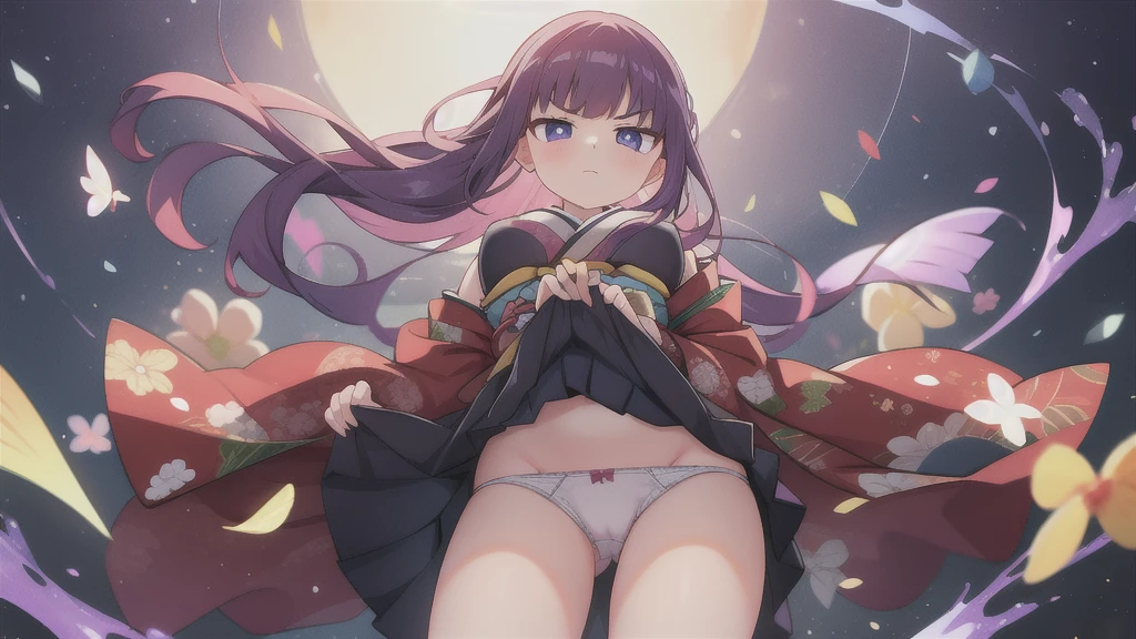 1 woman, skirts, (show off g-string detailed pantie), (hands skirt lift), from front, cowboy shot, BREAK annoyed,shoot from below,Bob Hair,kimono