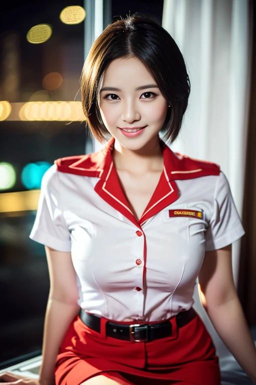 (a gorgeous lady,  21, Flight Attendant uniform, Shenzhen Airlines Stewardess, wet white shirt, red mini-skirt, sitting in bedroom, dimpled smile, short bob hair, wet short hair, cute snaggle-tooth, well-endowed round bosom, long flawless legs, photorealistic, beautiful detailed eyes, beautiful detailed face, hyper-realism, high contrast, ultra HD, realistic skin textures, top image quality, top-quality, super high resolution, fine details, very meticulously, close-up, head to hip, romantic night, dark bokeh background)