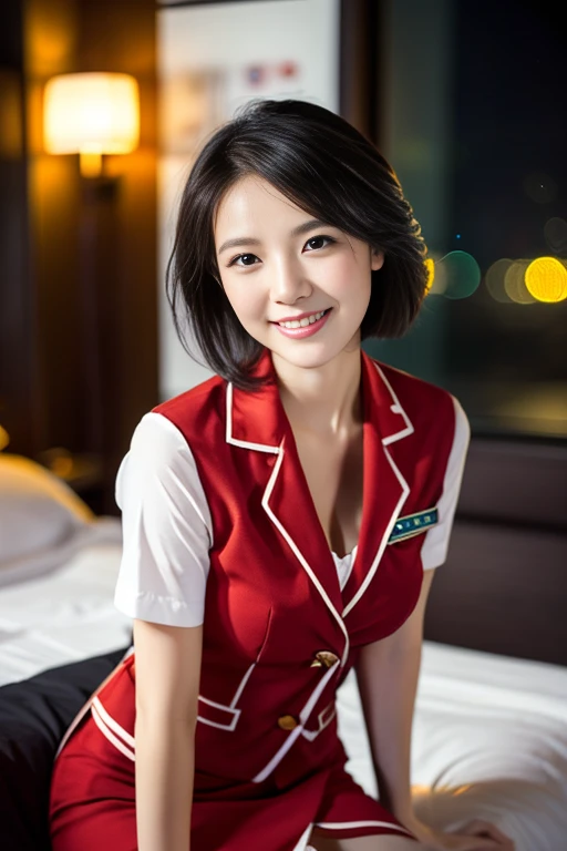 a gorgeous lady, age 21, Flight Attendant uniform, Shenzhen Airlines Stewardess, wet white shirt and pink mini-skirt, natural sitting pose on bed, dimpled smile, short ponytail hair, short bob hair, cute snaggleteeth, well-endowed round bosom, long flawless legs, photorealistic, beautiful detailed eyes, beautiful detailed face, hyper-realism, high contrast, ultra HD, realistic skin textures, top image quality, top-quality, super high resolution, fine details, very meticulously, full body shot, dark bokeh night background