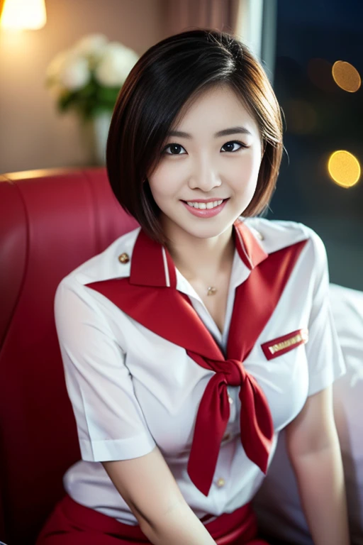 (a gorgeous lady,  21, Flight Attendant uniform, Shenzhen Airlines Stewardess, wet white shirt, red mini-skirt, sitting in bedroom, dimpled smile, short bob hair, wet short hair, cute snaggle-tooth, well-endowed round bosom, long flawless legs, photorealistic, beautiful detailed eyes, beautiful detailed face, hyper-realism, high contrast, ultra HD, realistic skin textures, top image quality, top-quality, super high resolution, fine details, very meticulously, close-up, head to hip, romantic night, dark bokeh background)