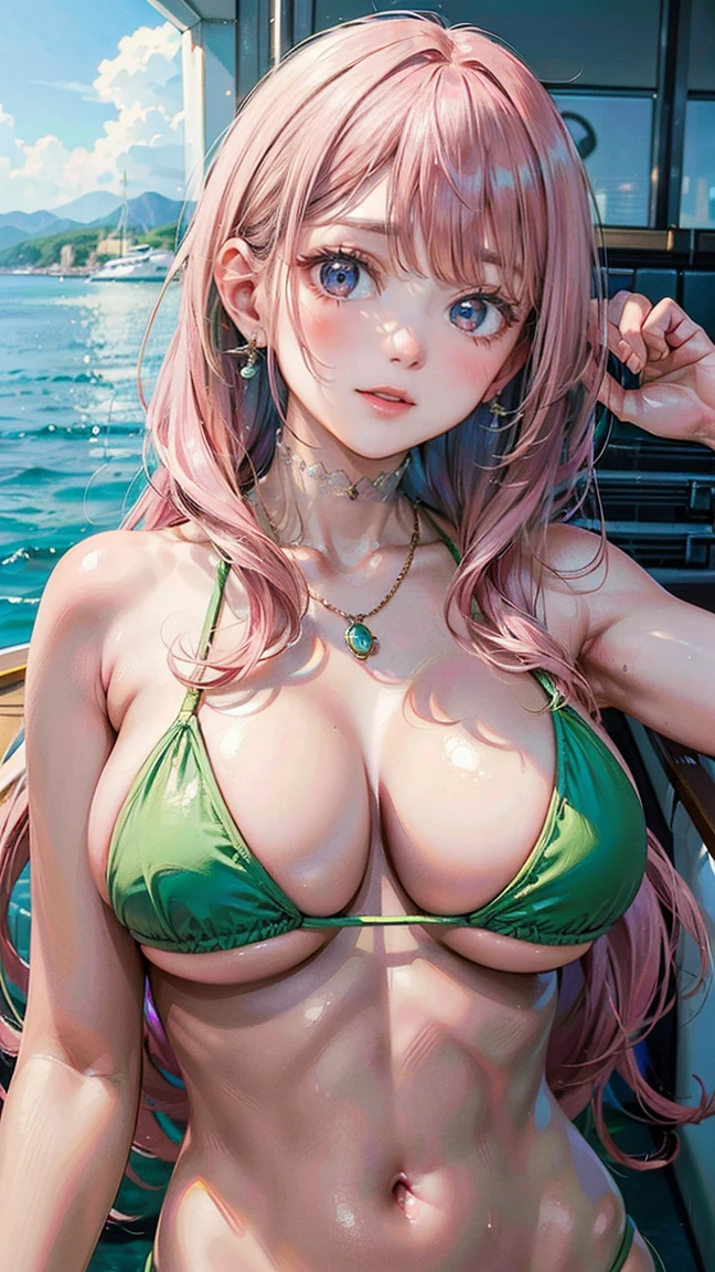 (Masterpiece, BestQuality:1.3), (ultra detailed:1.2), (hyperrealistic:1.3), (RAW photo:1.2), High detail RAW color photo, professional photograph, (Photorealistic:1.4), (realistic:1.4), professional lighting, perfect , (Big Breasts:1.2), (blush, detailed face), (Giddy Smile:1.8), Trending Hair&Trending Hairカラーをランダムに, earrings, necklace, bracelet, sexly,  sexly, Random sexy gravure poses, (A pink-haired beauty wearing a green bikini、She is smiling and posing sexy while feeling the sea breeze on a yacht.。:1.3)