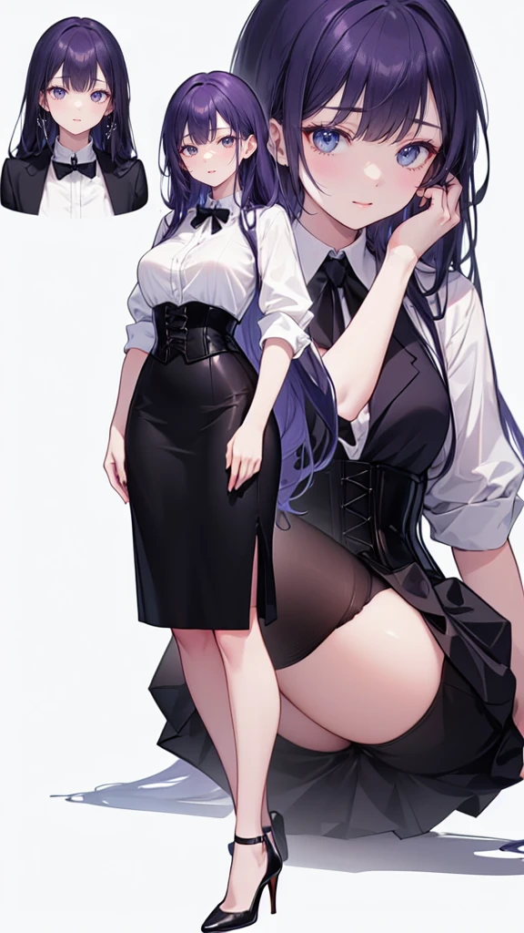 Purple Hair,Super long hair with volume,Adult female,(suit),White Y-shirt,((Rolling up his sleeves)),(corset),(Black skirt),(Slim silhouette skirt),(High heels),Heels are visible,((Simple white background)),smile,((whole body)),((full body)),Character Sheet,