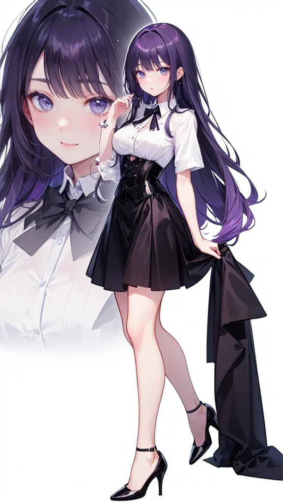 Purple Hair,Super long hair with volume,Adult female,(suit),White Y-shirt,((Rolling up his sleeves)),(corset),(Black skirt),(Slim silhouette skirt),(High heels),Heels are visible,((Simple white background)),smile,((whole body)),((full body)),Character Sheet,