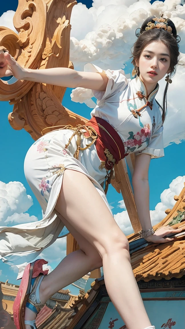 (masterpiece, Top quality, best quality, Official Art, beauty:1.2),(最詳細清晰的contour和五官:2.0,contour:2.0) (1 Chinese Goddess:1.5), Very detailed,(Dunhuang艺术:1.1),(Dunhuang,rich and colorful:1.1)(Flowers:1.3),Most detailed,(tangled:1.2), (Dynamic flight attitude,Foot on the white clouds,Show your thighs:2.0), (Blue sky, White clouds and bright moon background:1.3), (Chinese embroidered Hanfu:1.2), (Glowing skin,Camel toe:1.2), (Many colors:1.4), ,(earrings:1.4),