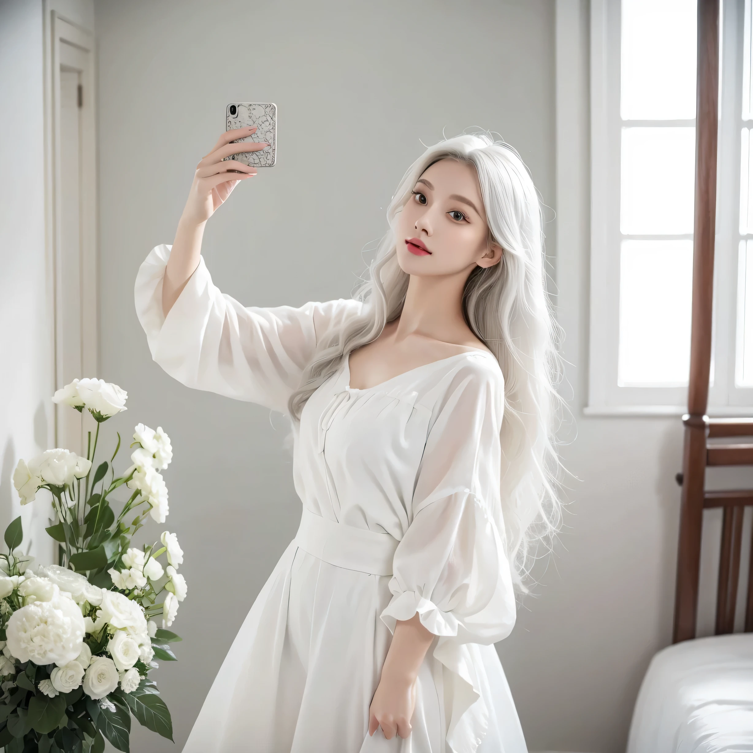 1 woman, White long curly hair,Natural and beautiful hair,The background is simple, clean and beautiful. White hair. Room. Photocamera, selfie.