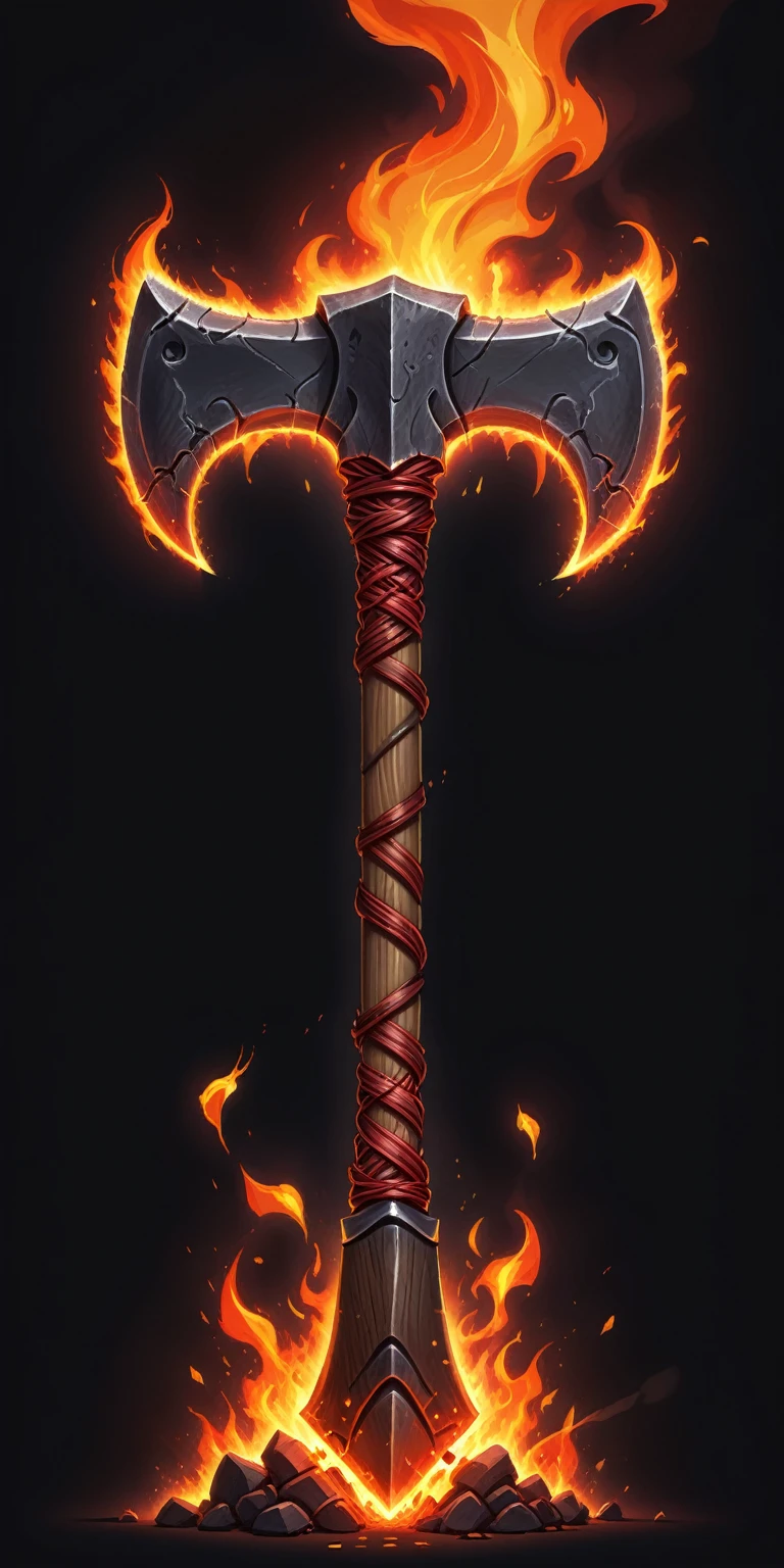 (pixel art, cartoon illustration, Inferno axe, Fire theme, simple black background, RPG game icon)