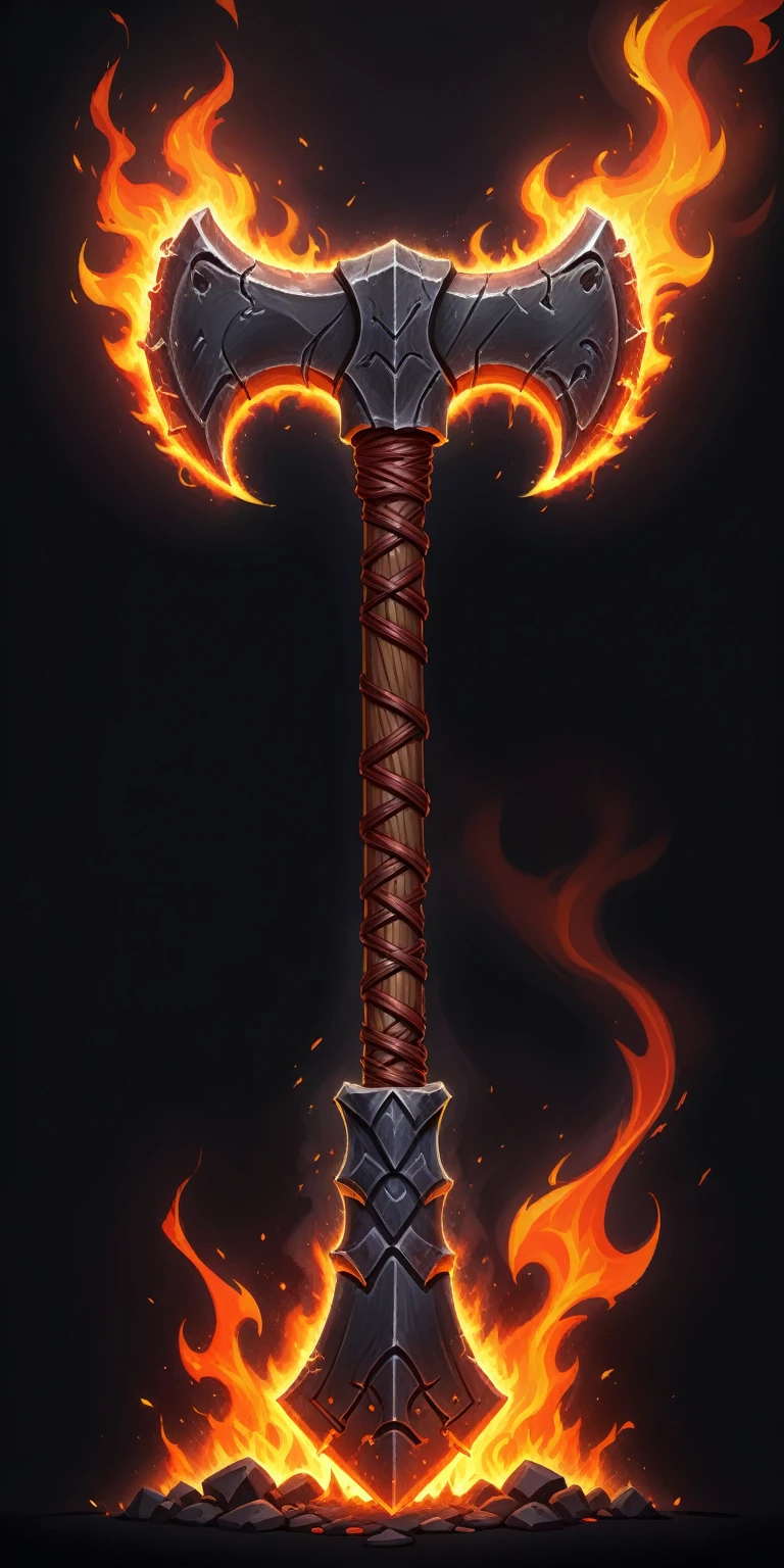 (pixel art, cartoon illustration, Inferno axe, Fire theme, simple black background, RPG game icon)
