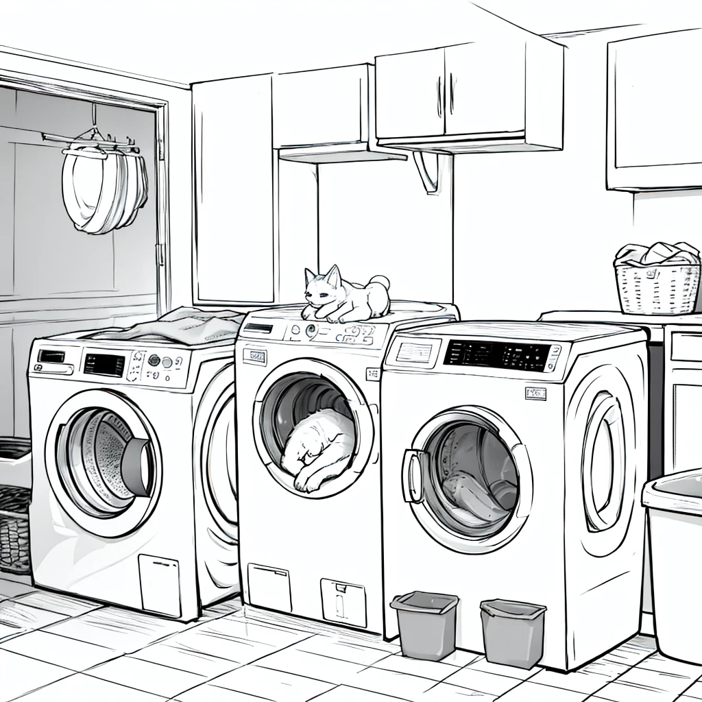 A washing machine cat without background black and white
