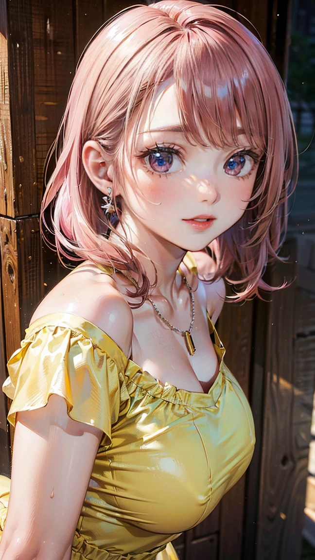 (Masterpiece, BestQuality:1.3), (ultra detailed:1.2), (hyperrealistic:1.3), (RAW photo:1.2), High detail RAW color photo, professional photograph, (Photorealistic:1.4), (realistic:1.4), professional lighting, perfect , (:1.2), (blush, detailed face), (Giddy Smile:1.8), Trending Hair&Trending Hairカラーをランダムに, earrings, necklace, bracelet, sexly,  sexly, Random  gravure poses, (A beautiful pink-haired woman wearing a yellow dress、She is smiling and posing  while playing with horses at a ranch.。:1.3)