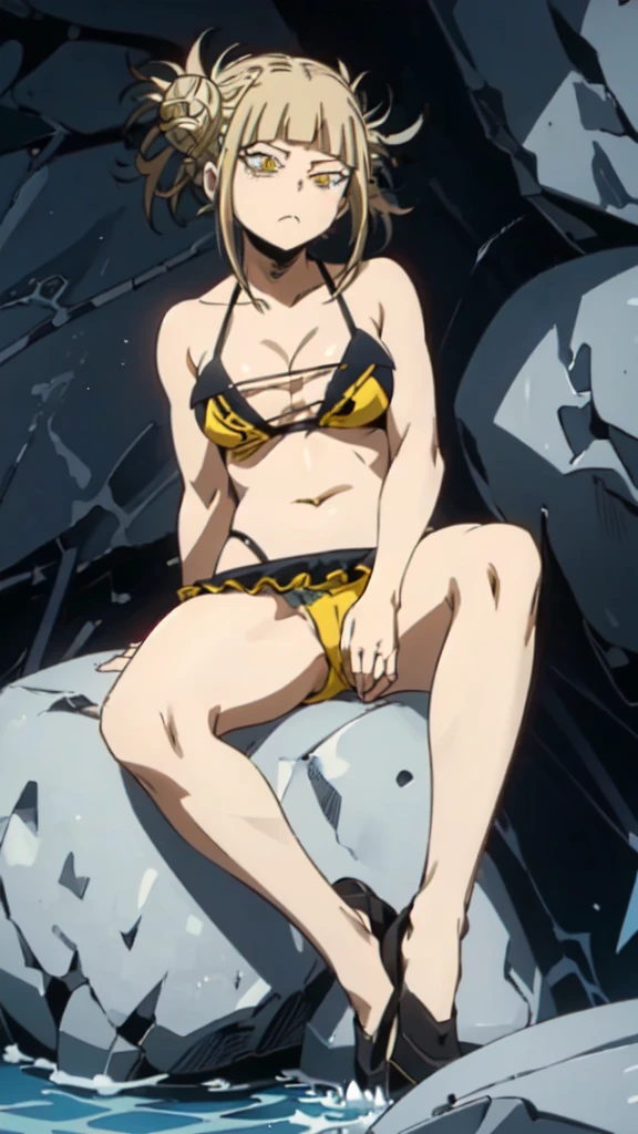 himikotoganova, (1girl, solo), blonde hair, double bun, messy hair, bangs, (perfect eyes, yellow eyes), yellow bikini, bags under eyes, (close mouth), breasts, looking at viewer,  sitting on rock, lotus position