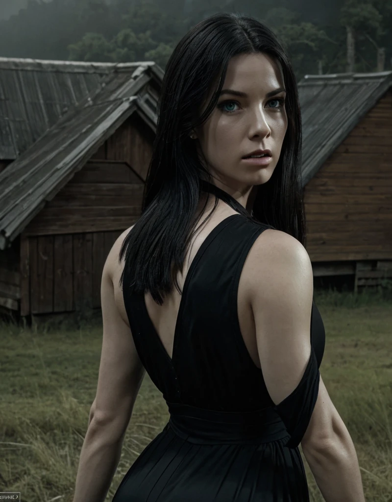 view from the back, masterpiece 8k, high Detailed image (realism), Shelob, pale skin, long black hair, green eyes, looking at viewer, wearing black dress, huge breast cleavage, (shiny huge breasts), (naturally saggy breasts), (focus on detailed body anatomy), Slim body , angry facial expression, (detailed facial expression), posing near a grass field on a full moon and an old creepy wooden hut in the background. Ultra Realistic, Detailed Environments, Dramatic Lighting, ((Detailed Image)), (Intricate Details), Professional Photography, ((Shallow Depth of Field)) (Cinematic Lighting), HDR Enhancement, Ultra Fine Texture, Photorealistic, Extremely Realistic.