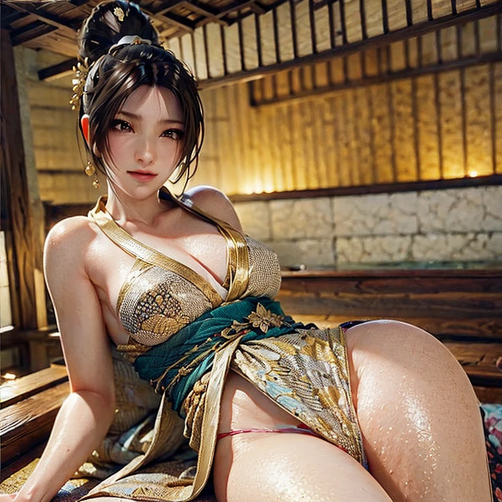a woman with short hair and piercings, wrapped in a towel, sweating in a sauna, delicate colors, illustration, bright colors, beautiful detailed face, beautiful detailed eyes, beautiful detailed lips, long eyelashes, elegant pose, high quality, hyper detailed, 8k, photorealistic, studio lighting, physically-based rendering, vibrant colors, warm lighting, steam, relaxing atmosphere