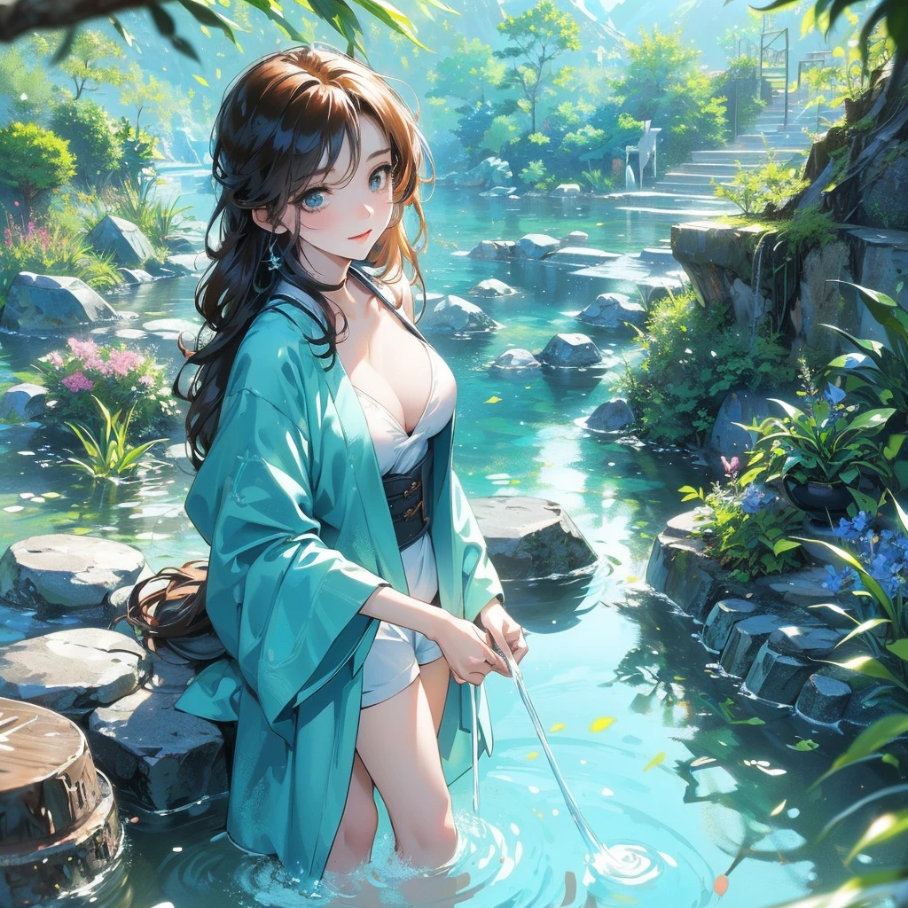 (NSFW、Erotic、sexy、Adult)、Set in a lush mountain landscape、Young woman enjoying nature by playing in a clear mountain stream(彼女はsexyな水着を着ています)。The scene is realistic anime style。The woman is wearing a tank top and shorts.、Standing in the shallows of a stream、Scoop up water with your right hand、Extend your left hand slightly for balance。She has a happy look on her face.。In the background、Mountains covered with green forests々々is drawn、wood々々々The sun shines a soft light between、It casts a warm, natural light on the scene.。The water in the stream is clear、I see rocks below me、The banks are lined with vibrant greenery and wildflowers.。The camera angle is slightly behind and above the woman.、It gives the scene depth and perspective.。When the sunlight hits the water surface, the woman、Gives hair a soft, lustrous look