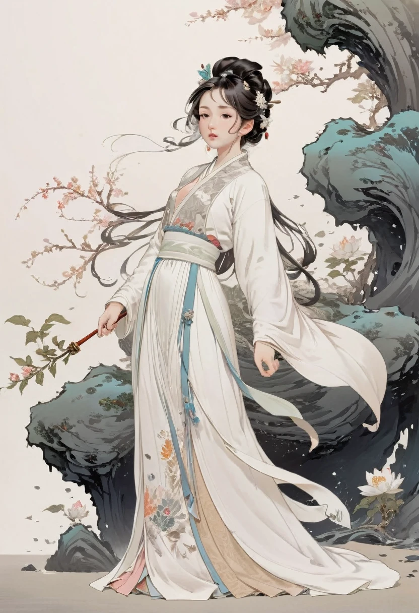 (1 Girl:1.4),Solitary, Gorgeous， Extremely detailed,(Joshua Middleton Comic Cover Art:1.1), (action:1.2),(Concretism:1.2),(Hyperpolarization:1.5),rich and colorful,The most detailed,white gray background, White Hanfu, Pastel colors， (masterpiece, Top quality, best quality, Official Art, beautiful and aesthetic:1.2),