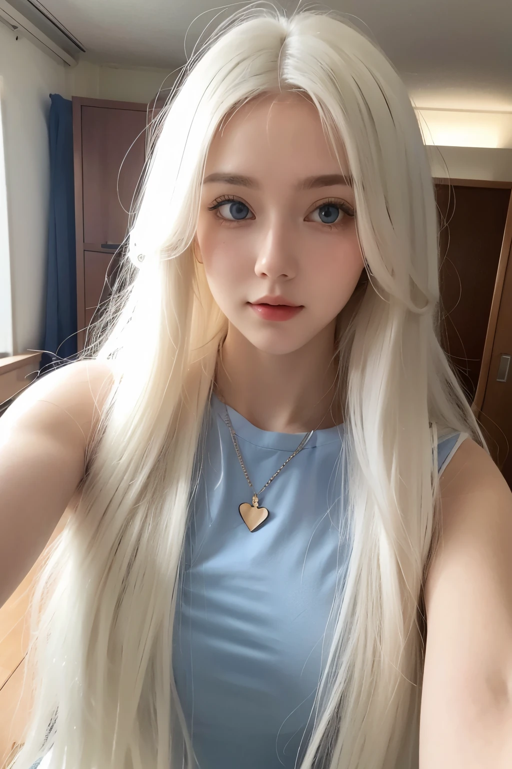 Woman, White long, curly hair，Natural hair. white hair.  Blue eyes. student. University. Selfie. 